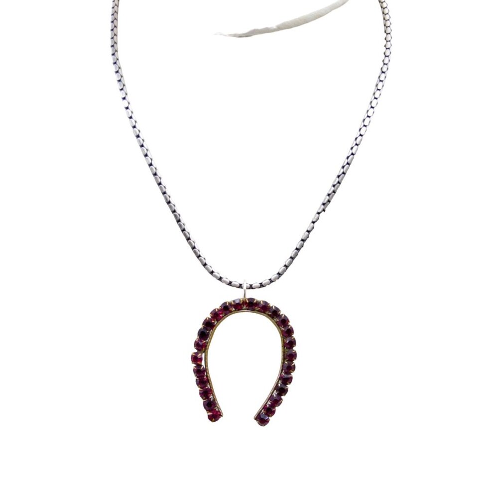 Deep Red Crystal Horseshoe Pendant Choker, BICO Snake Chain, Silver Tone Necklac